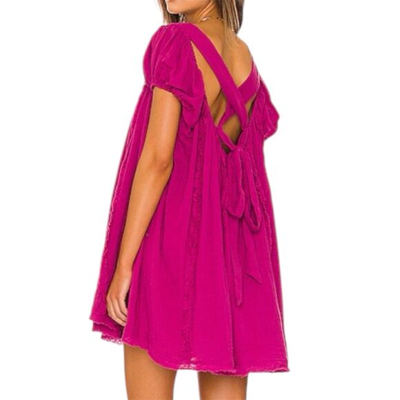 Free People Angele Mini Dress M Pink Dragonfruit Punch Gauze Fushcia Oversized - Picture 4 of 13